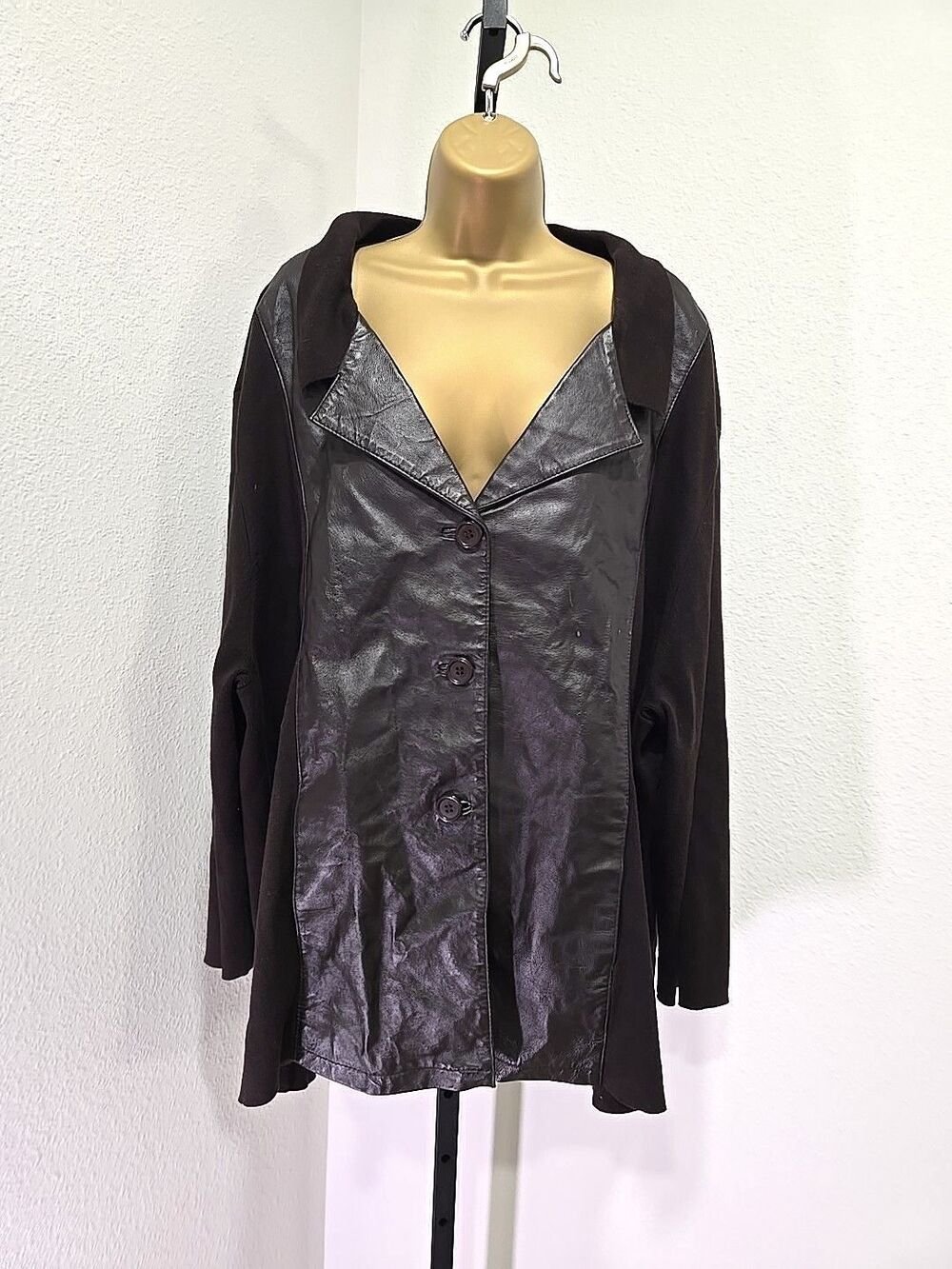 Brown Leather Panel Knit Sweater Jacket Womens 5X Pockets Hipster Beatnik Retro